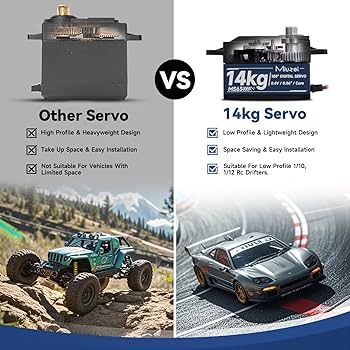 Jämförelse mellan två servon, en standard och en 14kg lågprofil, med RC-bilar.
